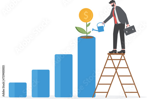 Grow your business, increase sales or investment profit, growth, improve company profit, salary increase or earn more income concept, ambitious businessman pouring water to grow graph plant.

