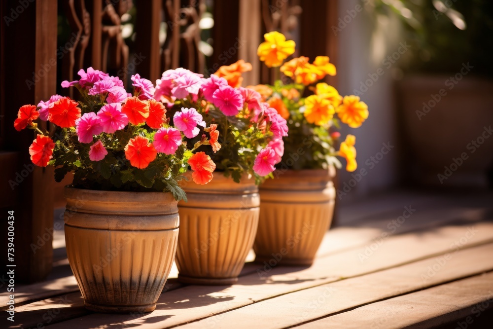 Gardening tools and flowerpots set for gardener in sunny flower garden environment