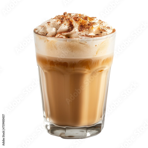 Close-up on latte coffee glass, transparent background. 