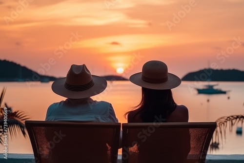 Beautiful couple relaxing and enjoying luxury sunset on the beach during summer getaway