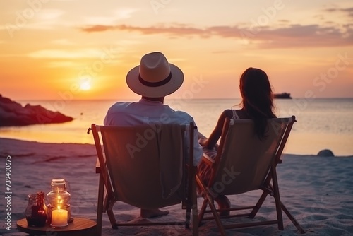 Happy couple savoring a luxurious sunset on the beach during their delightful summer vacation