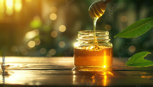 honey dip being poured into a glass bowl with a honey dipper. jar of honey close-up © Rangga Bimantara