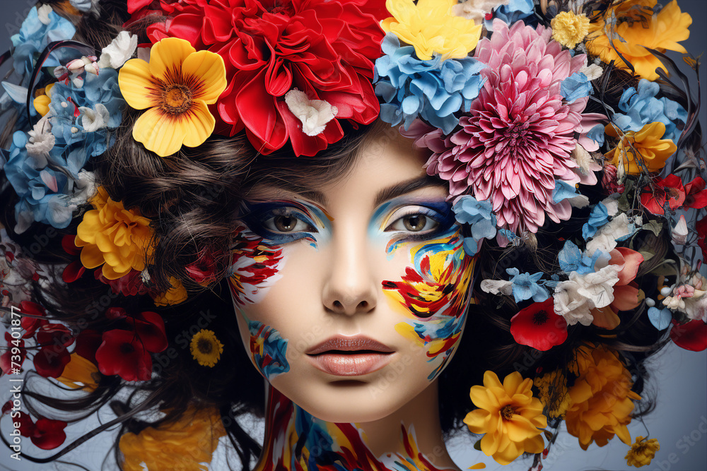 Painting drawing generative ai collage of woman with flowers in modern art style Painting drawing generative ai collage of woman with flowers in modern art style