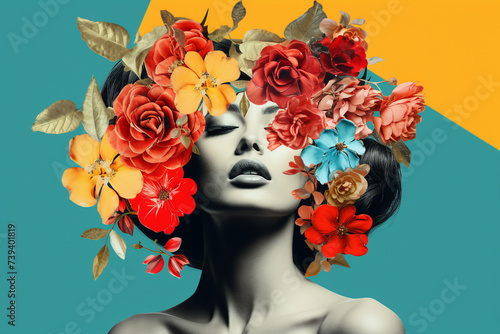 Painting drawing generative ai collage of woman with flowers in modern art style © deagreez