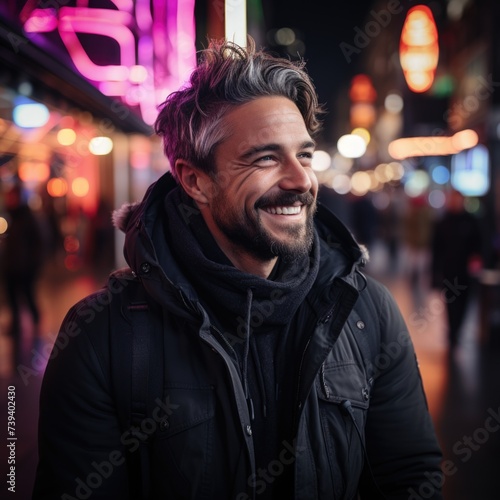 Portrait of Handsome Man Wearing Headphones Walking Through Night City Street Full Neon Light. Generative AI