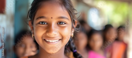 Innocent young girl with adorable smile looking into the camera with joy and happiness