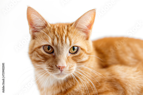 orange tabby cat is looking straight ahead at the camera isolated on white background