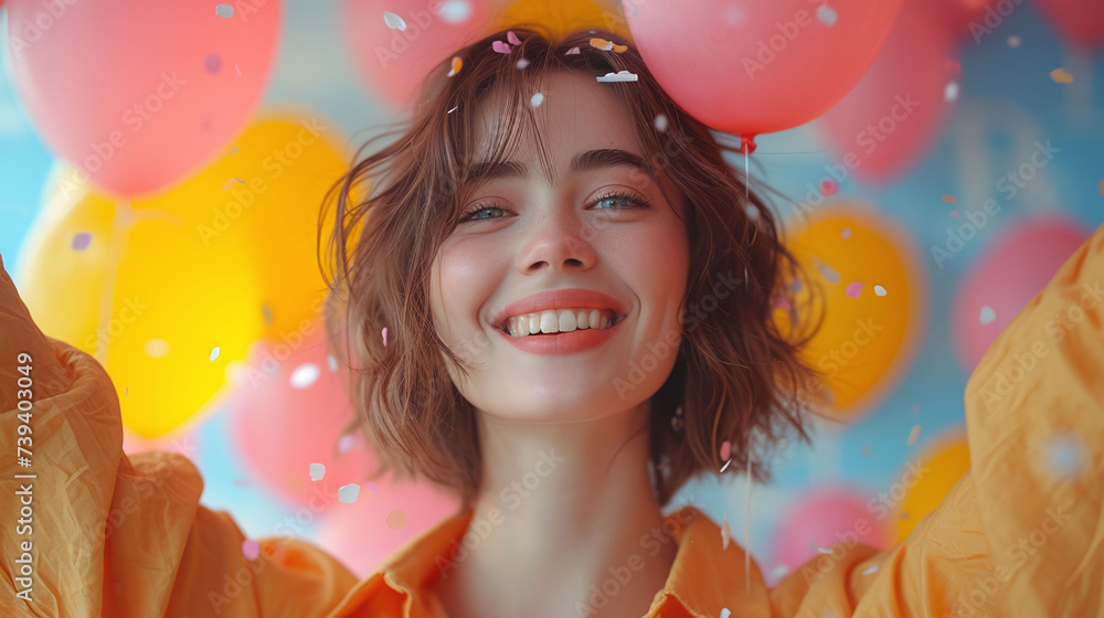 girl with balloons, Joyful Woman with Colorful Balloons, Celebration Concept, Happy Moments,  Confetti Joy
