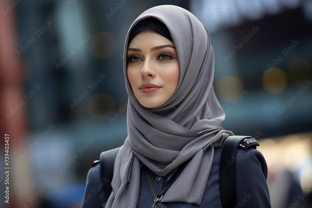 Generative ai collage image of woman muslim in hijab looking on modern megapolis Generative ai collage image of woman muslim in hijab looking on modern megapolis