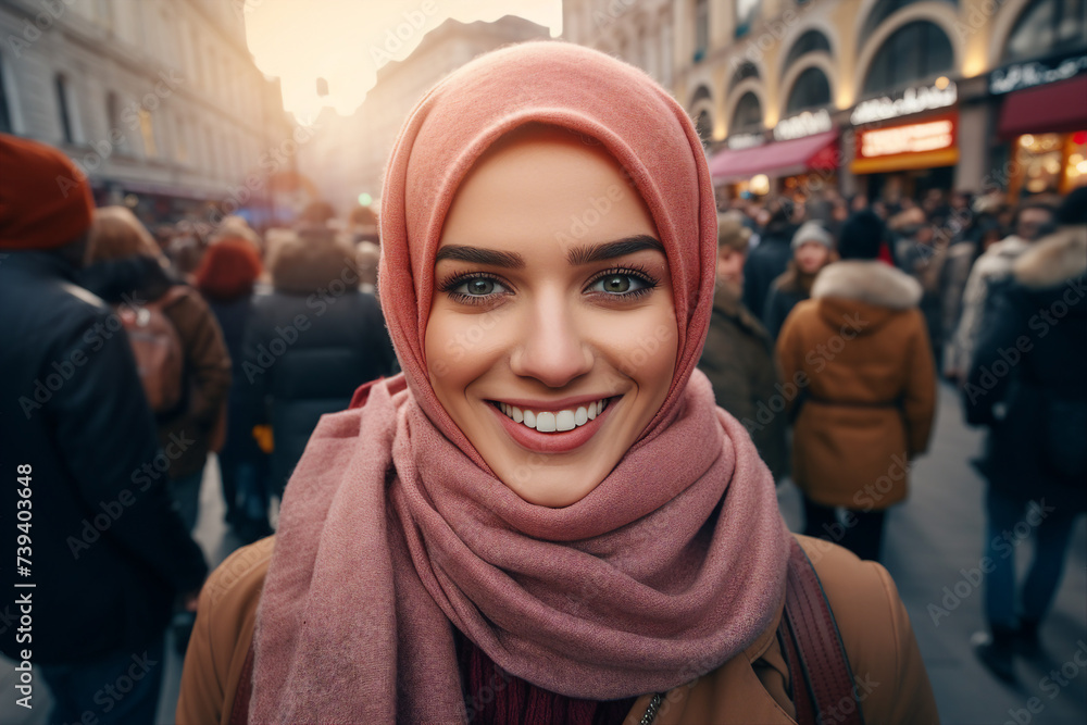 Generative ai collage image of woman friends muslim in hijab looking on modern shopping market Generative ai collage image of woman friends muslim in hijab looking on modern shopping market