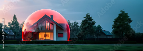 habitation protégée par un système d'alarme sous la forme d'un dôme rouge autour de la maison photo