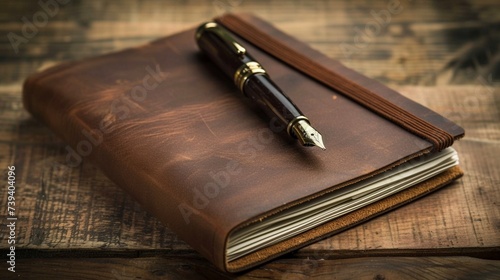 A captivating shot of a leather-bound notebook and vintage pen, symbolizing a thoughtful Father's Day gift for a dad who loves to jot down memories, in vivid