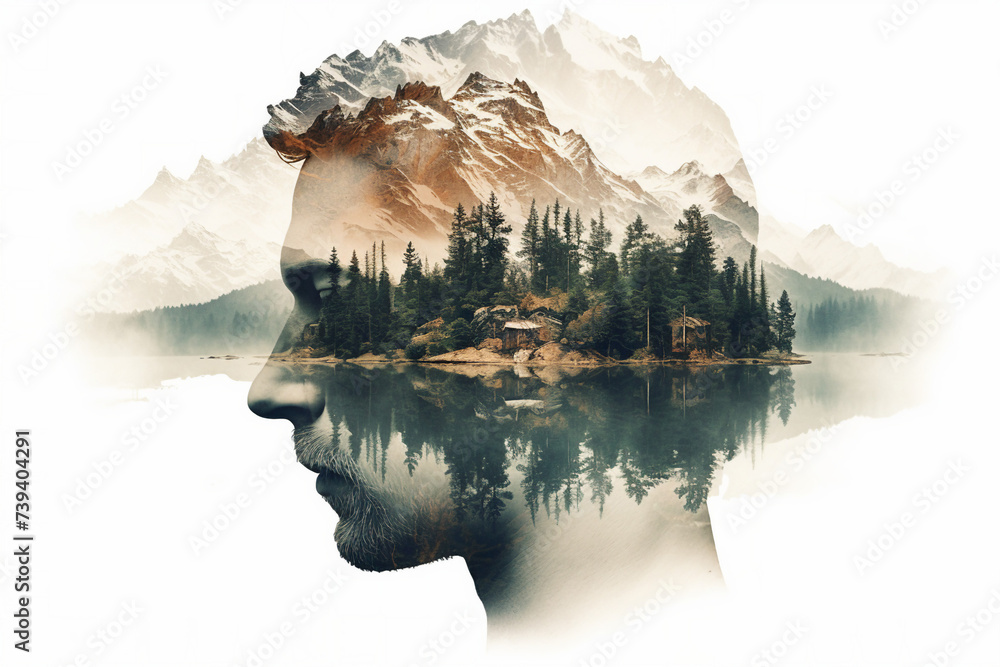 Generative ai picture double exposure of a man head on mountain and ...