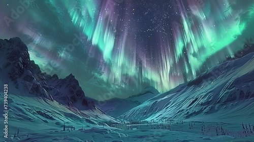 Spectacular Aurora Borealis Over Snowy Mountains An ethereal display of the aurora borealis lights up the night sky above a snow-blanketed mountainous landscape, creating a mystical scene. 