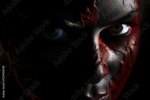 Generative ai picture close up photo of a person with bleeding red eyes on dark background