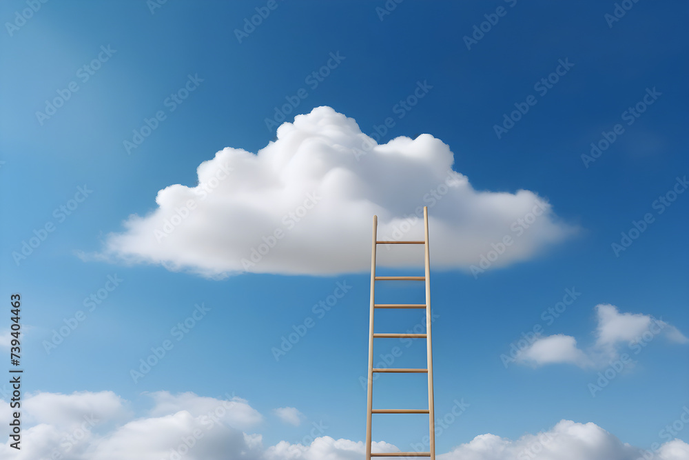 Realistic photo of a genuine cloud floating above a charming ladder, minimalist style, set against a simple background. Generative AI Realistic photo of a genuine cloud floating above a charming ladder, minimalist style, set against a simple background. Generative AI