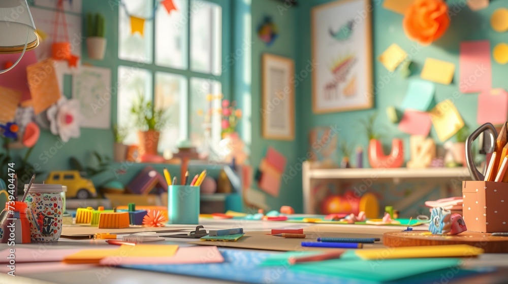 A cozy and well-lit crafting space with a mix of colorful paper, glue, and scissors, inviting the creation of unique Father's Day and Mother's Day cards, presented in stunning