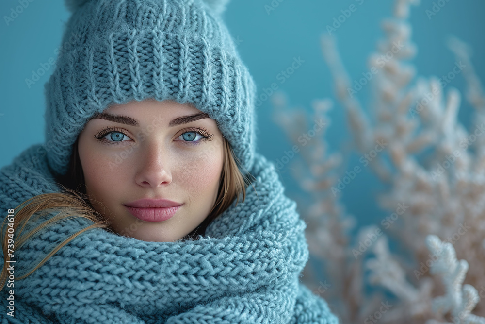 portrait of a woman in winter, Winter Beauty Portrait, Woman in Knitwear, Frosted Blue Background portrait of a woman in winter, Winter Beauty Portrait, Woman in Knitwear, Frosted Blue Background