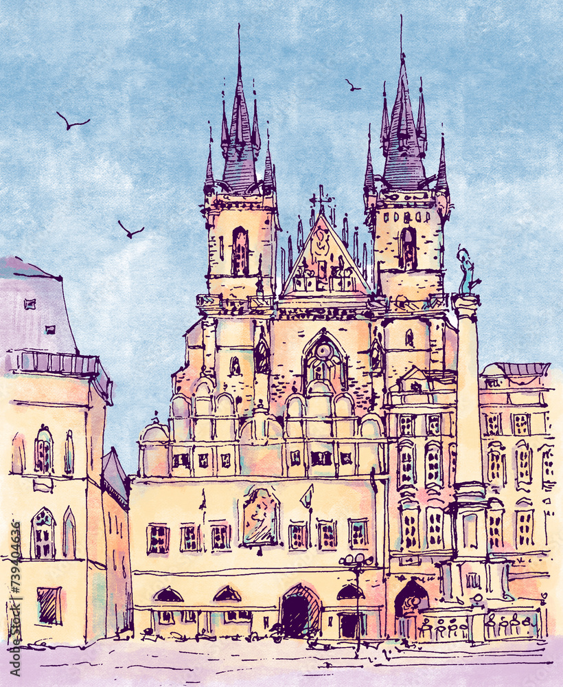 Architecture sketch illustration of the Church of Our Lady before Tyn, Prague, Czech Republic, Europe. Travel sketch. Hand drawn travel postcard. Landscape colorful drawing, watercolor texture. 