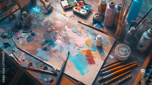 A creative workspace with a variety of paints, brushes, and stencils for designing artistic Father's Day and Mother's Day cards, emphasizing the hands-on process in realistic