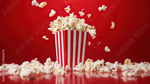 Delicious popcorn scattering from a red striped carton box on a dark red background