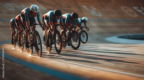 A professional cycling team training on a velodrome their synchronized movements and speed demonstrating the precision and teamwork required in track cycling.