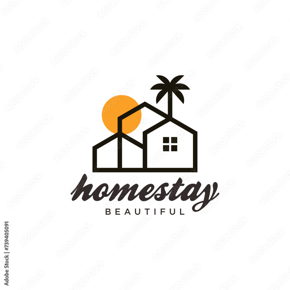 Hotel Homestay Logo with Shape of House and Tree. Homestay natural logo simple icon vector.
