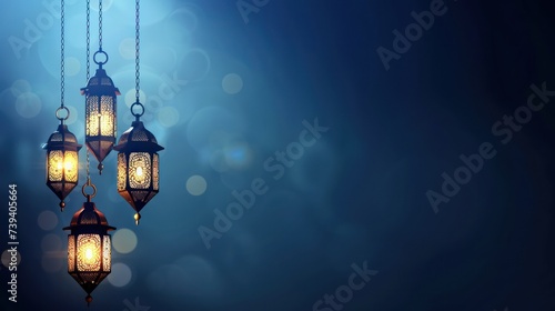 A Ramadan Kareem background for Islamic template design featuring a minimalist hanging lantern and ample copy space