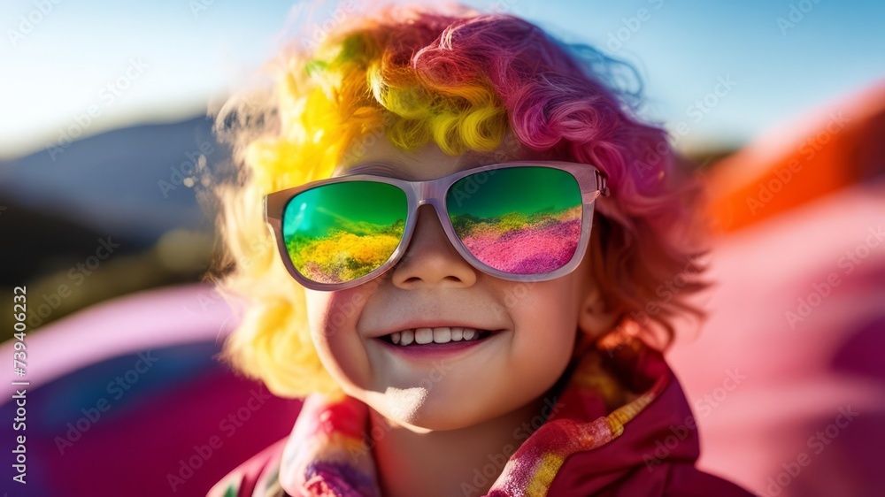 A child in sunglasses stained with bright colors. A child in sunglasses stained with bright colors.