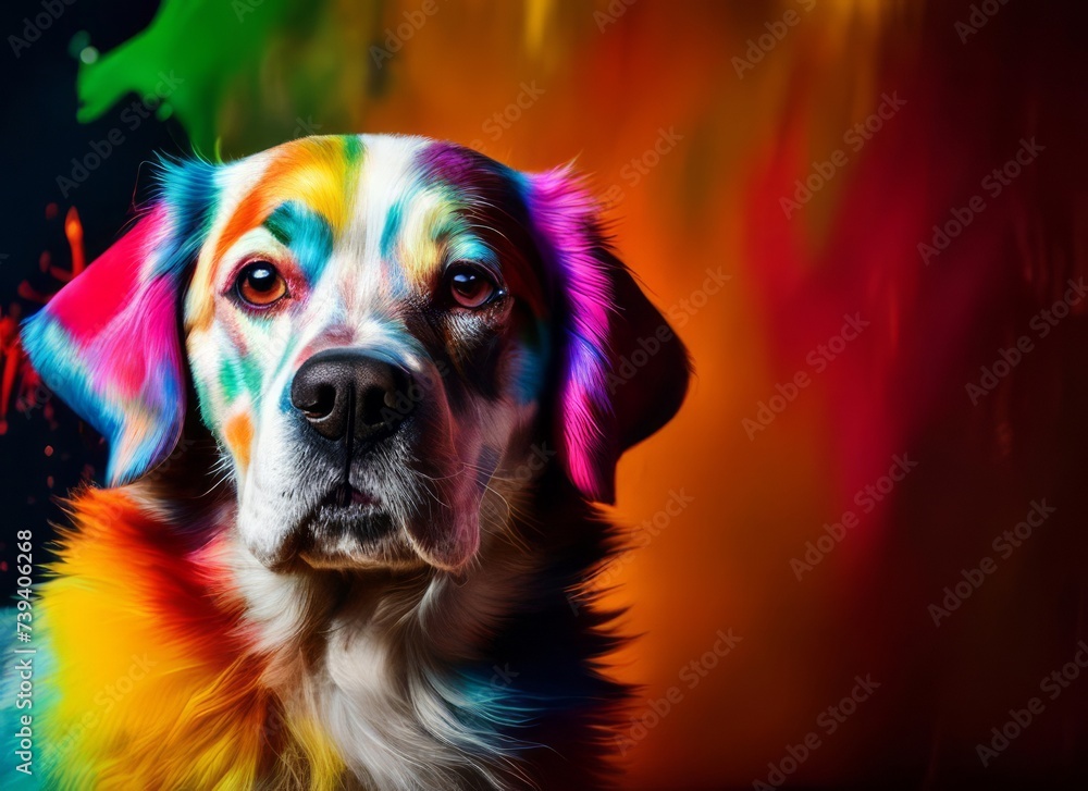 A beautiful dog decorated with bright multicolored colors.