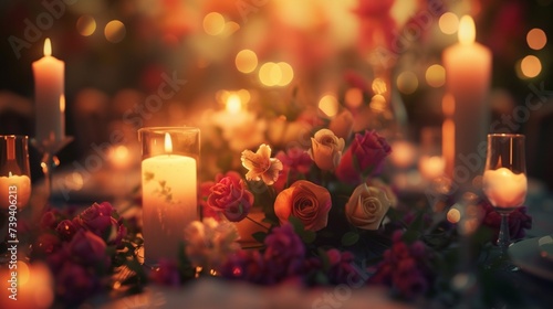 An enchanting scene of a candlelit dinner table decorated with elegant flowers, creating a romantic and intimate setting for Mother's Day celebrations, portrayed in stunning