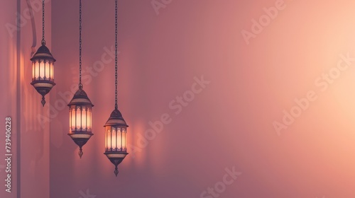 Ramadan Kareem background for Islamic template design, showcasing a minimalist hanging lantern with abundant copy space. photo