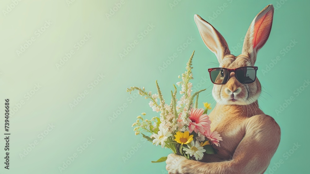 Easter rabbit bodybuilder in sunglasses with bouquet of flowers on plain green sunny background, copy space. Sporty rabbit - obrazy, fototapety, plakaty 