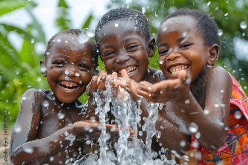 African children smiling and putting hand in clean water  fountain