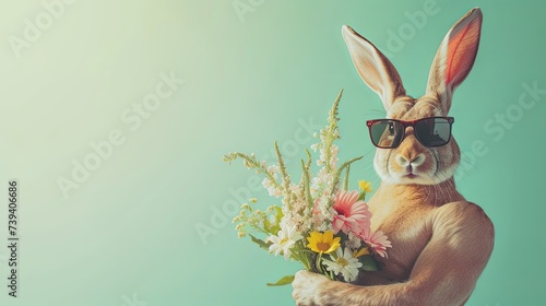 Easter rabbit bodybuilder in sunglasses with bouquet of flowers on plain green sunny background, copy space. Sporty rabbit photo