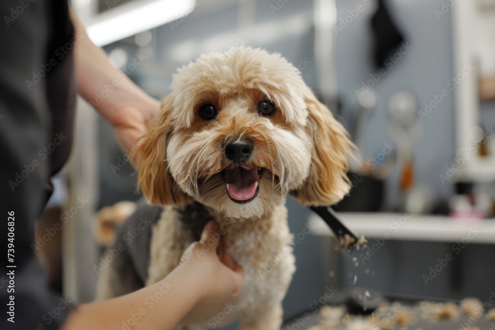 Cane viene tosato con cura durante una visita al salone di toelettatura Cane viene tosato con cura durante una visita al salone di toelettatura