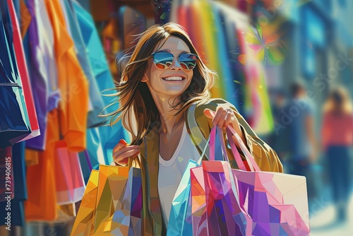 Ragazza sorridente mentre si avventura tra i negozi, portando con se una serie di borse piene di acquisti recenti