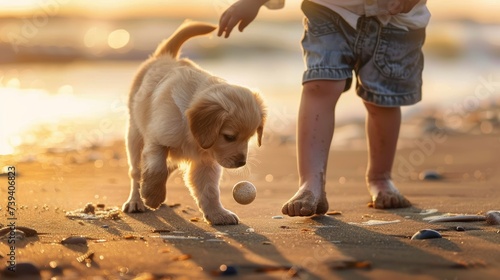 Adorabile cucciolo di golden retriever gioca con la palla con bambino sulla spiaggia photo