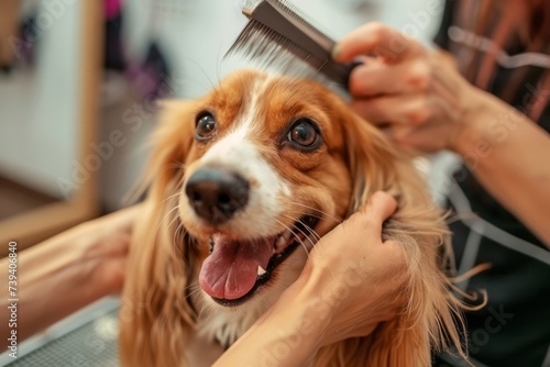 cane viene spazzolato con cura durante una visita al salone di toelettatura photo