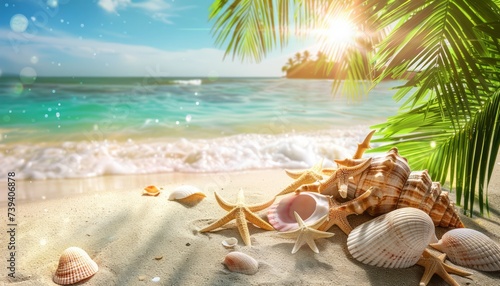 Sfondo spiaggia tropicale soleggiata con foglie di palma e conchiglie in primo piano photo