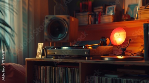 The image of a vintage vinyl record player and a collection of classic records, representing a music-loving dad's ideal Father's Day setup, captured in vibrant