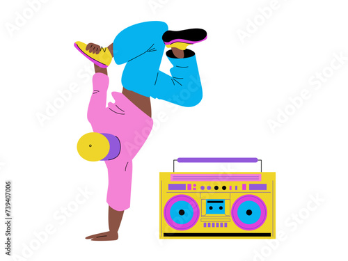 Illustration of a person breakdancing with a boombox on white background. Urban street dance and music concept for poster, banner, and t-shirt design. 