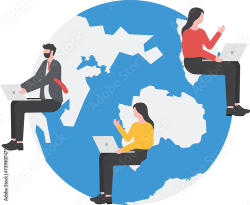Work from anywhere around the world, remote working or freelance, international company or global business concept, business people sitting around world map on globe working with online computer.


