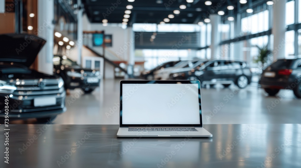 Fototapeta premium Laptop with blank white screen on table, with background in modern car showroom