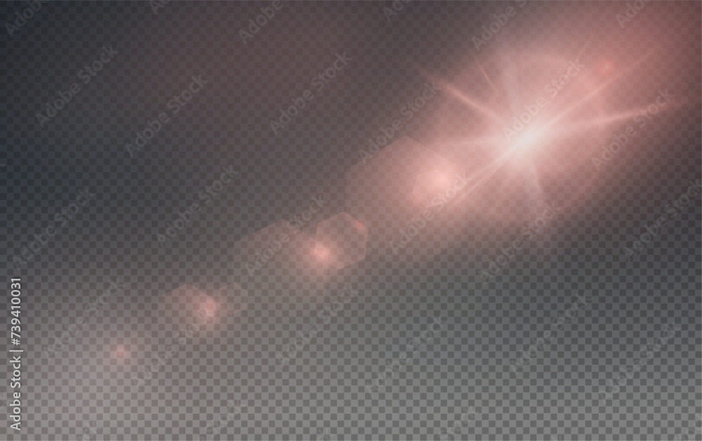 Set of realistic vector red stars png. Set of vector suns png. Red flares with highlights.	