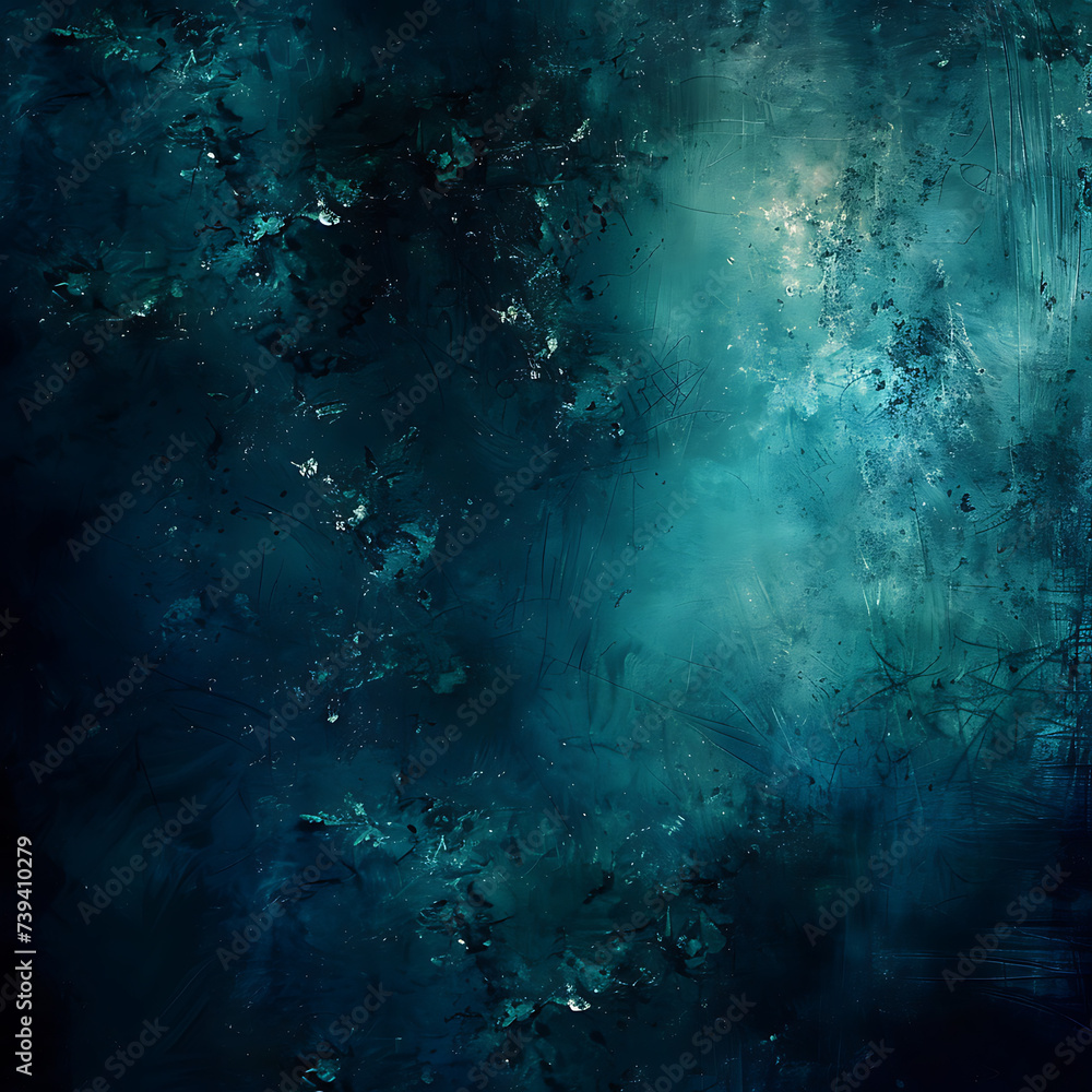 Rich shades of dark blue and teal create a serene atmosphere in this image. Against a rough abstract background, bright lights and glow illuminate the space