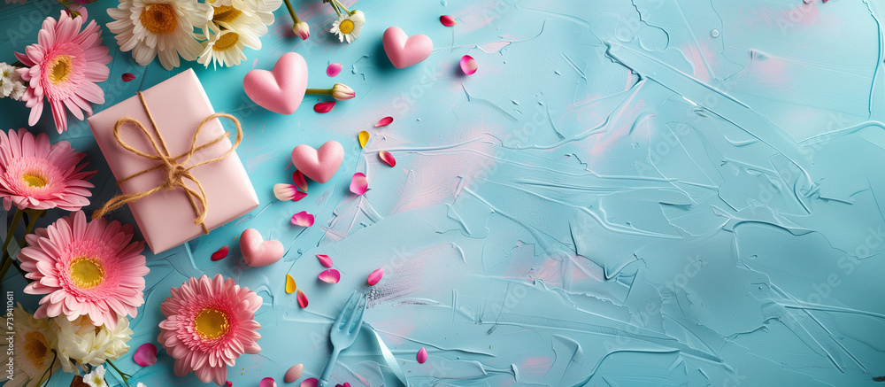 Elegant Mother's Day Concept with Tulips and Gift on Pastel Background. Elegant Mother's Day Concept with Tulips and Gift on Pastel Background.