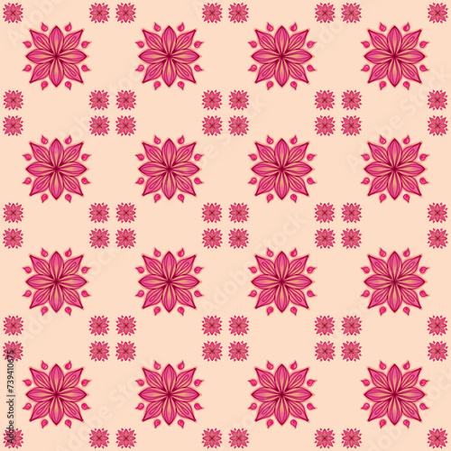 A pink flower pattern on a peach background.