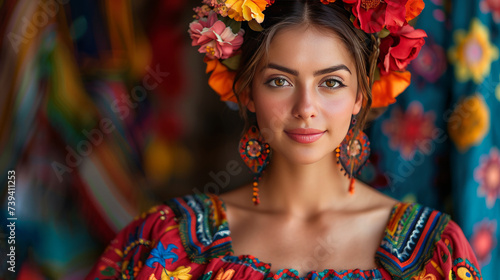 Portrait of a Mexican young woman in traditional clothing with copy space