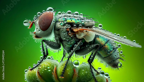 Macro image of a fly with droplets on it, showcasing a high level of detail against a vivid green background.Insect behaviour concept.AI generated.